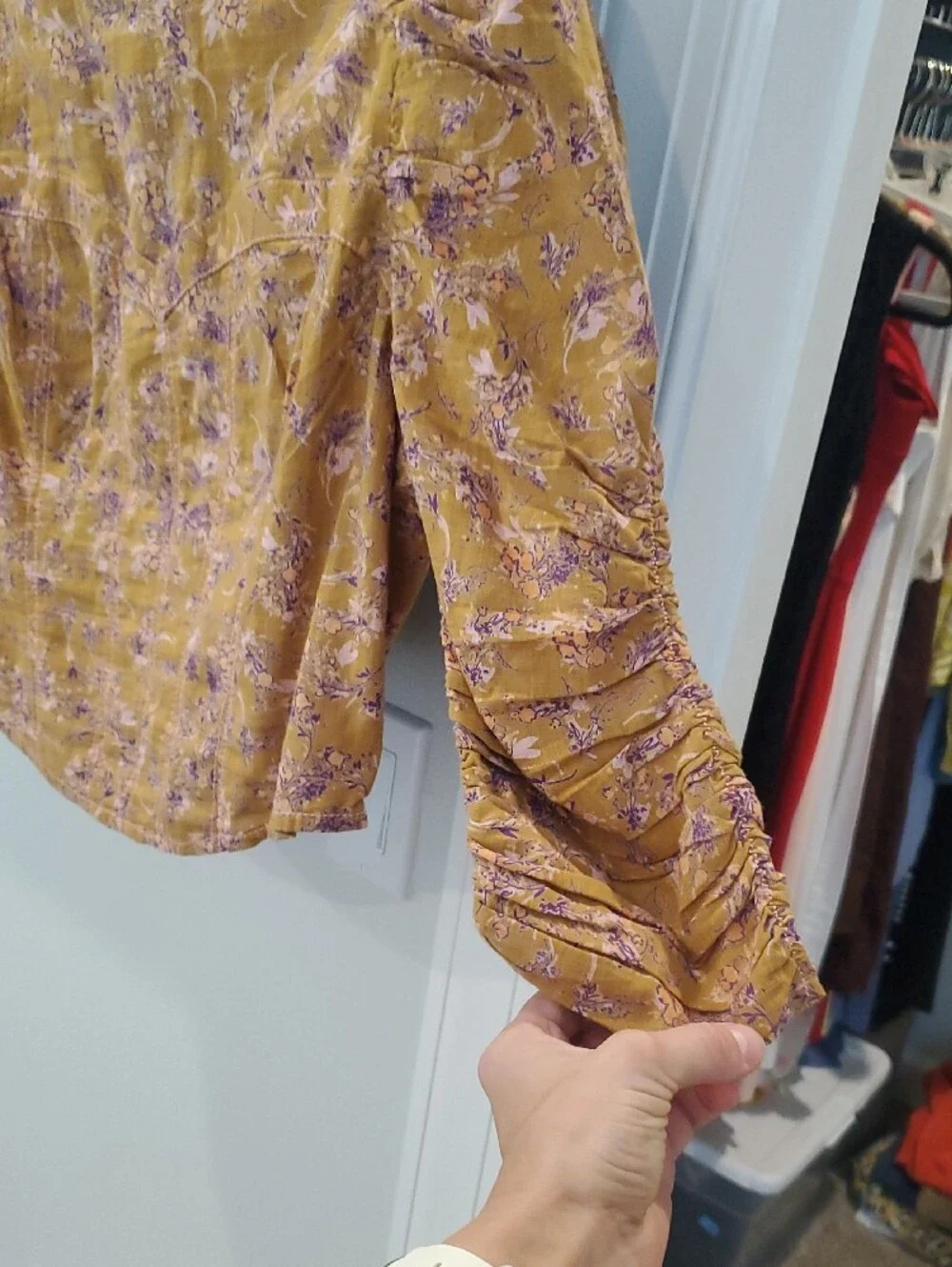 Free People Mustard Yellow Floral Puff-Sleeve Blouse